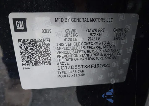 2019 Chevrolet Malibu Lt z USA, uszkodzony, nr VIN 1G1ZD5STXKF191631